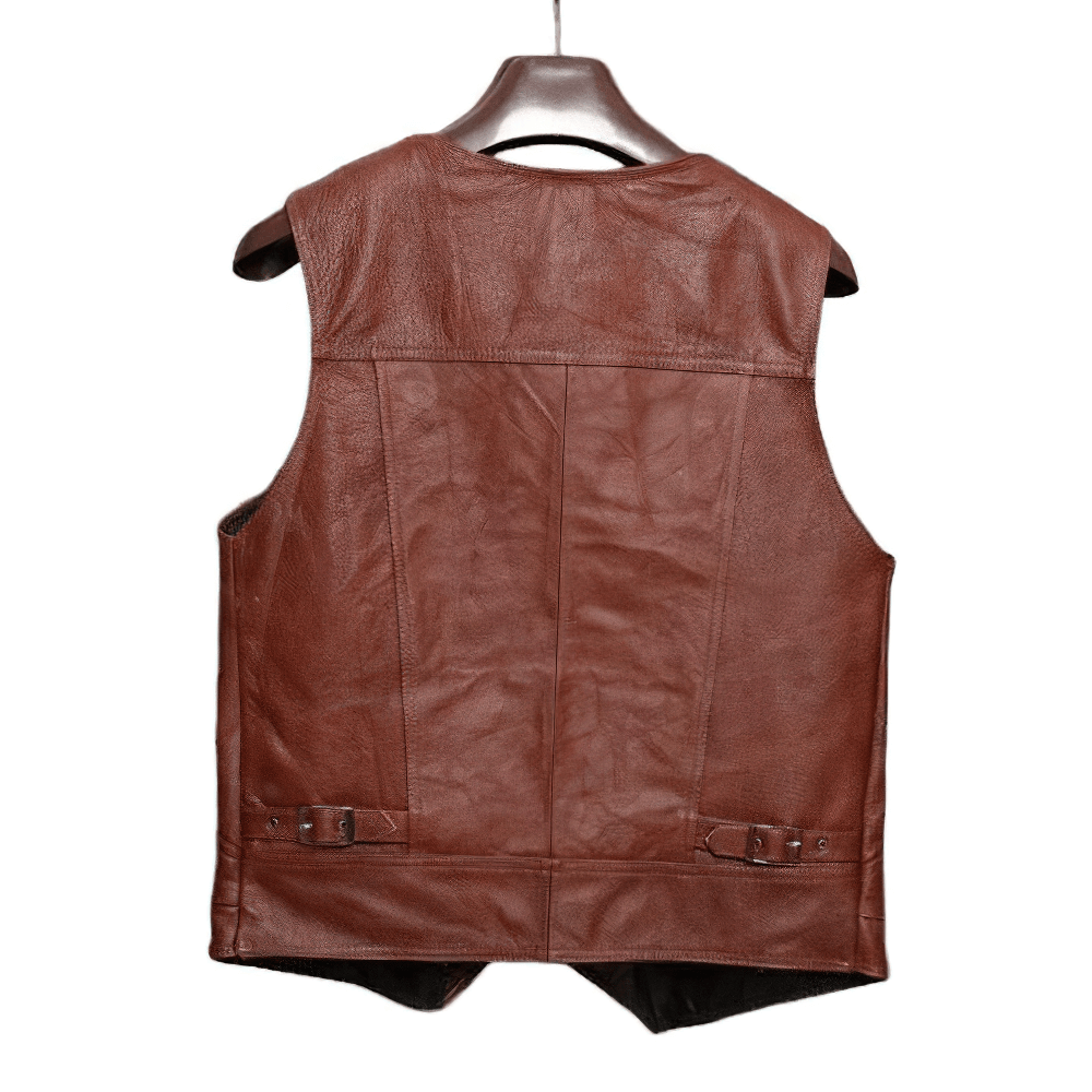 Back view of a vintage biker leather men's vest in genuine brown cow leather, showcasing its rock style and unique design.