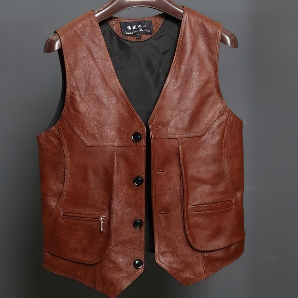 Vintage Biker Leather Mens Vest / Real Brown Cow Genuine Leather Vest in Rock Style - HARD'N'HEAVY
