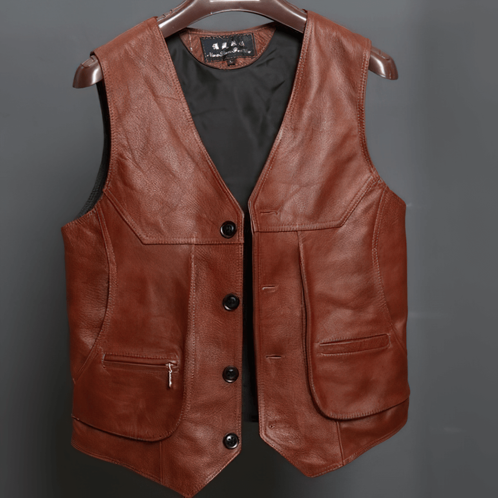 Vintage brown cow leather men's vest, rock style, perfect for adding an edgy touch to any outfit.