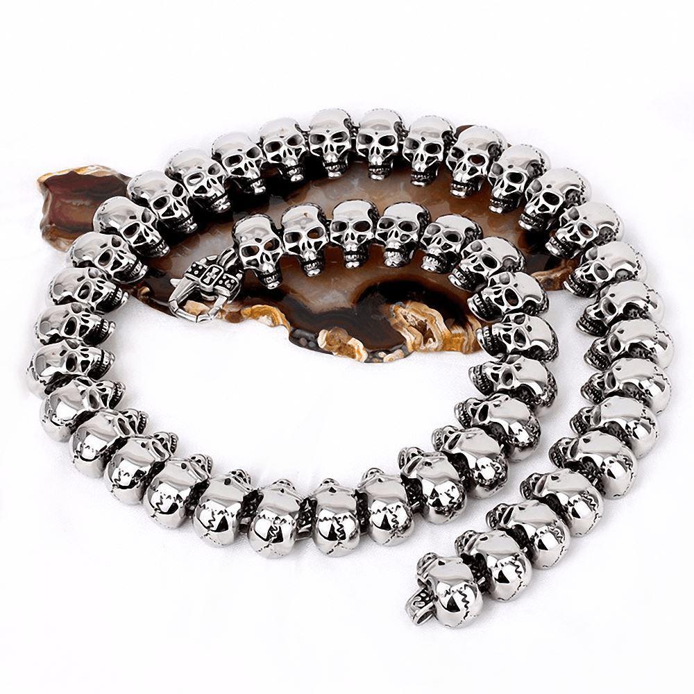 Vintage biker skeleton necklace with skull design, made of 316L stainless steel, perfect for rock and goth styles.