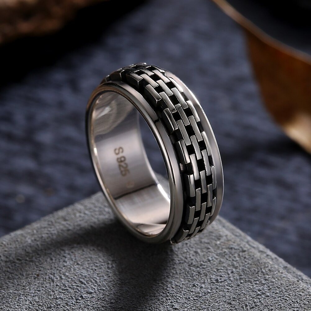 Vintage unisex biker luxury ring made of 925 sterling silver with intricate pattern design.