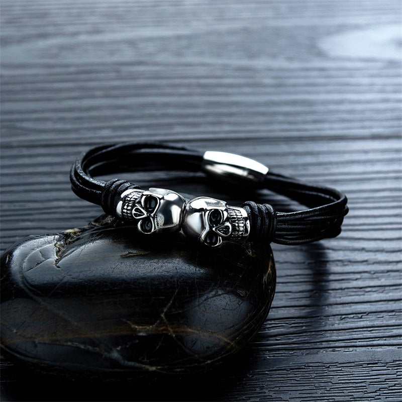 Vintage Black Double Skull Bracelets For Men and Women / Stainless Steel Bangle Jewelry - HARD'N'HEAVY