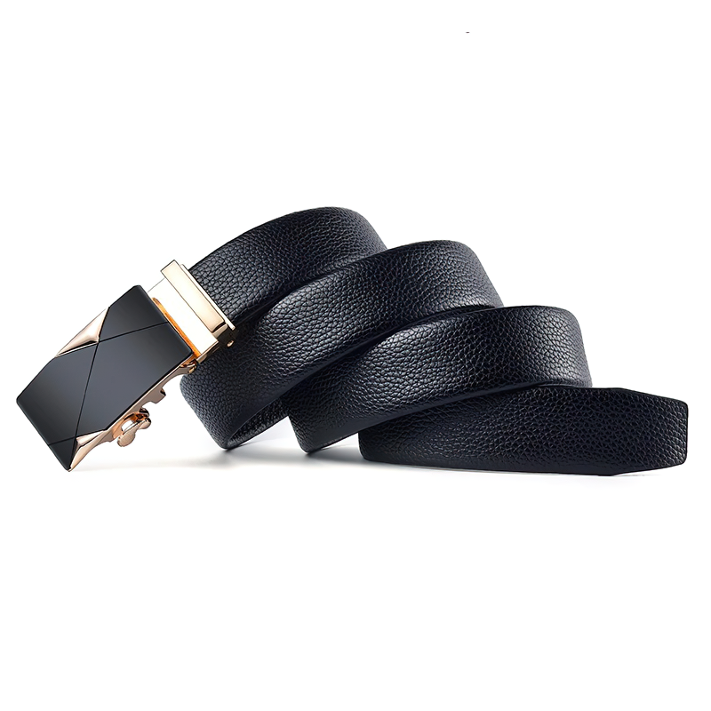 Vintage black genuine leather belt with stylish pin buckle, ideal for formal or rock style outfits.