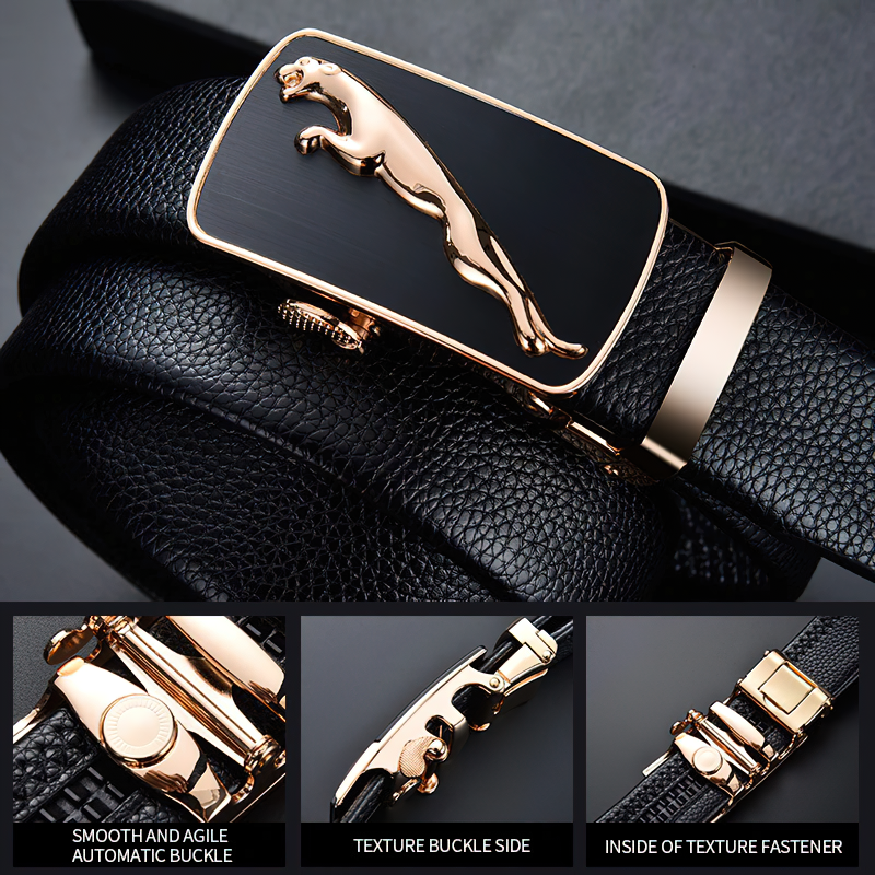 Vintage black leather belt featuring a sleek automatic buckle with a panther design, perfect for alternative style.