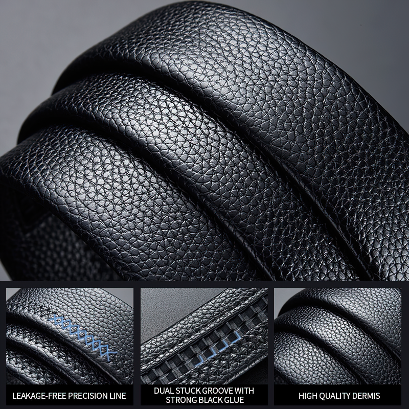 Close-up of vintage black leather belt showcasing precision craftsmanship and durable stitching details.