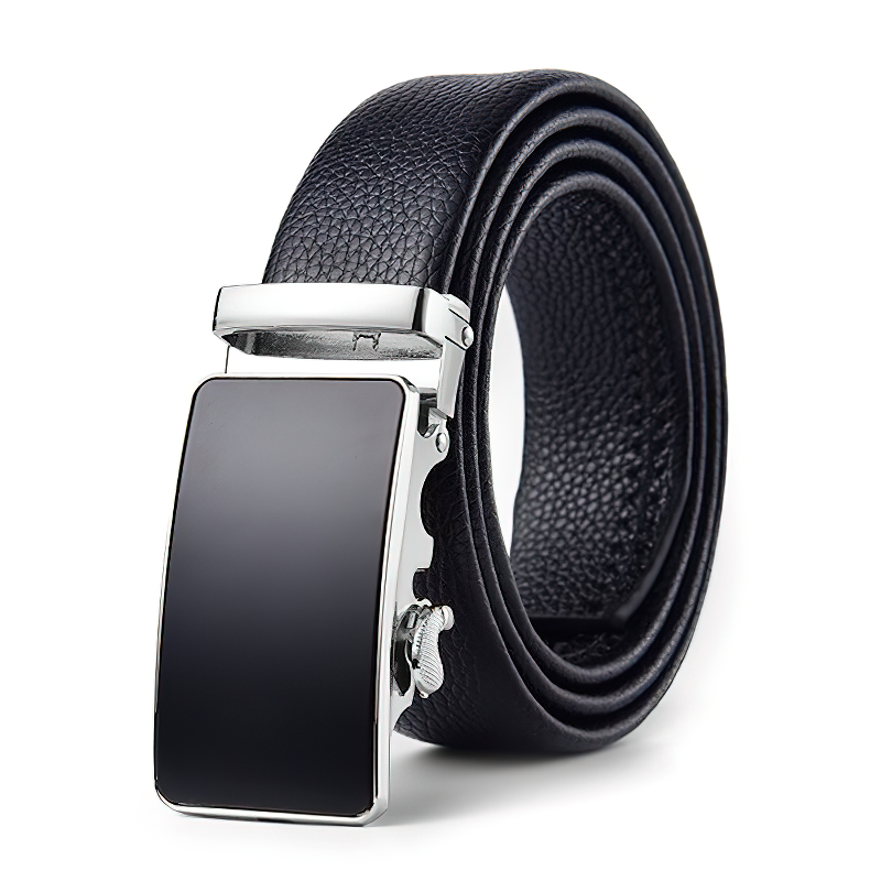 Vintage black genuine leather belt with stylish pin buckle for men, perfect for formal or rock style outfits.
