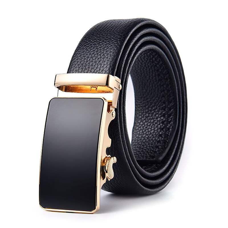 Vintage black genuine leather belt with sleek gold pin buckle for alternative and formal styles.