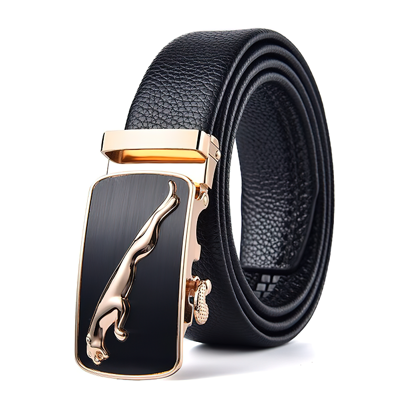 Vintage black genuine leather belt with stylish gold buckle, perfect for alternative and formal outfits.