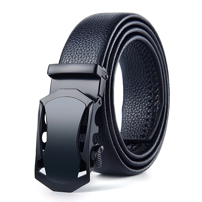 Vintage black genuine leather belt with sleek pin buckle, perfect for formal or rock style outfits.
