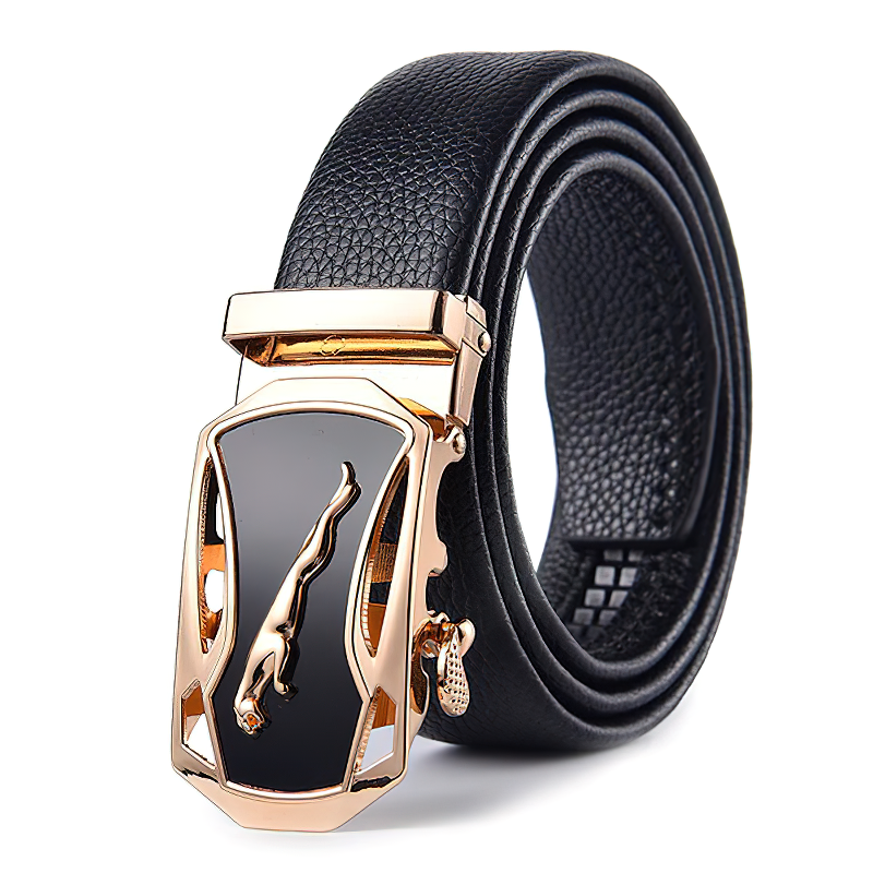 Stylish vintage black genuine leather belt featuring a gold pin buckle, perfect for rock style outfits.