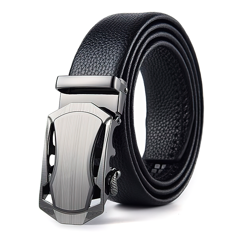 Vintage black genuine leather belt with sleek pin buckle, perfect for formal or rock style outfits.