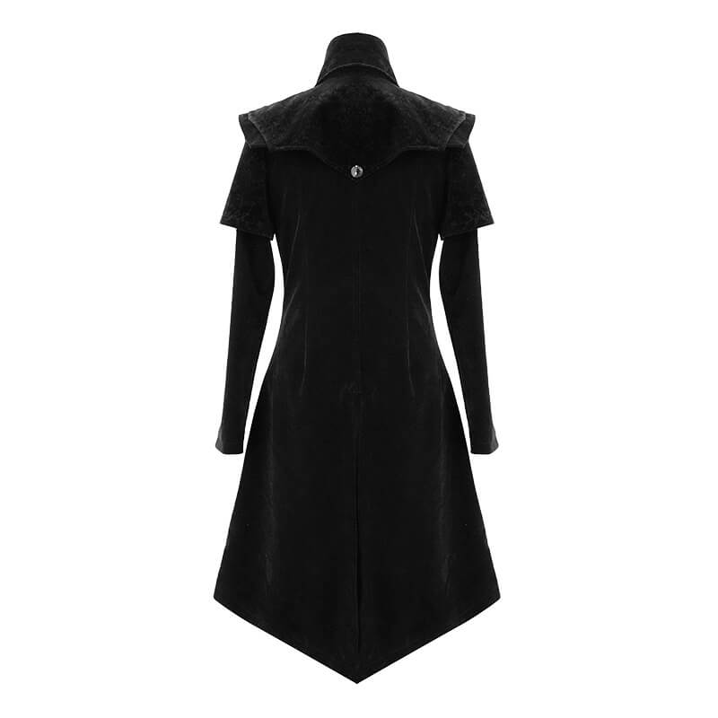 Back view of vintage black long velvet coat for men with gothic style collar and sleek design.