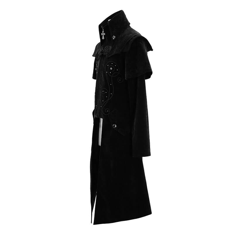 Vintage black velvet long coat for men with gothic design and cross accents.