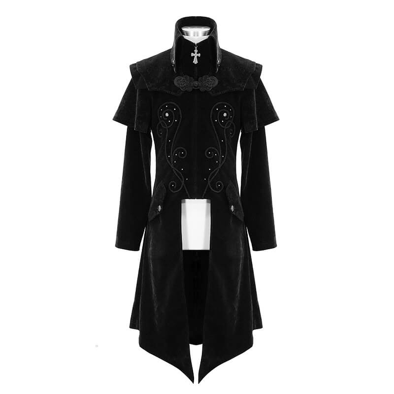 Vintage black long velvet coat for men with gothic accents and zipper front, perfect for a chic gothic look.