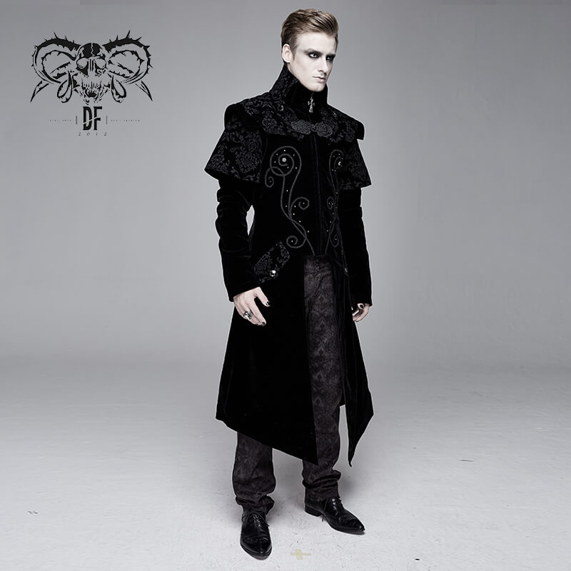 Vintage Black Long Velvet Coat For Men / Gothic Coat with Zipper Front With Cross Accents - HARD'N'HEAVY