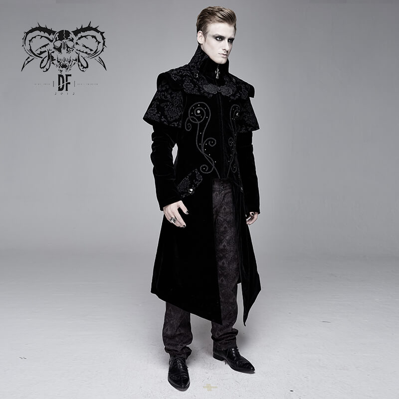 Men's vintage black velvet gothic coat with intricate designs, exuding elegance and a stylish, dark flair.