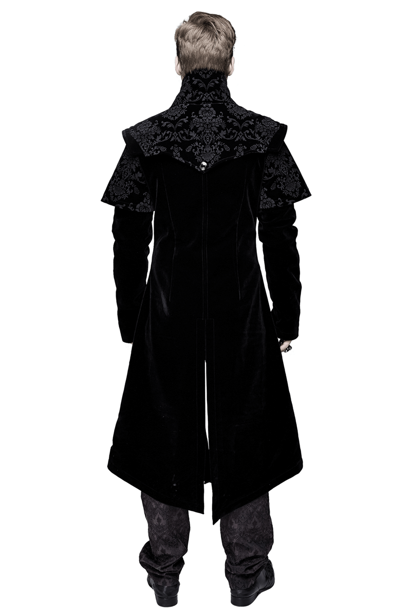Back view of a men's vintage black velvet gothic coat with decorative collar and stylish cut.