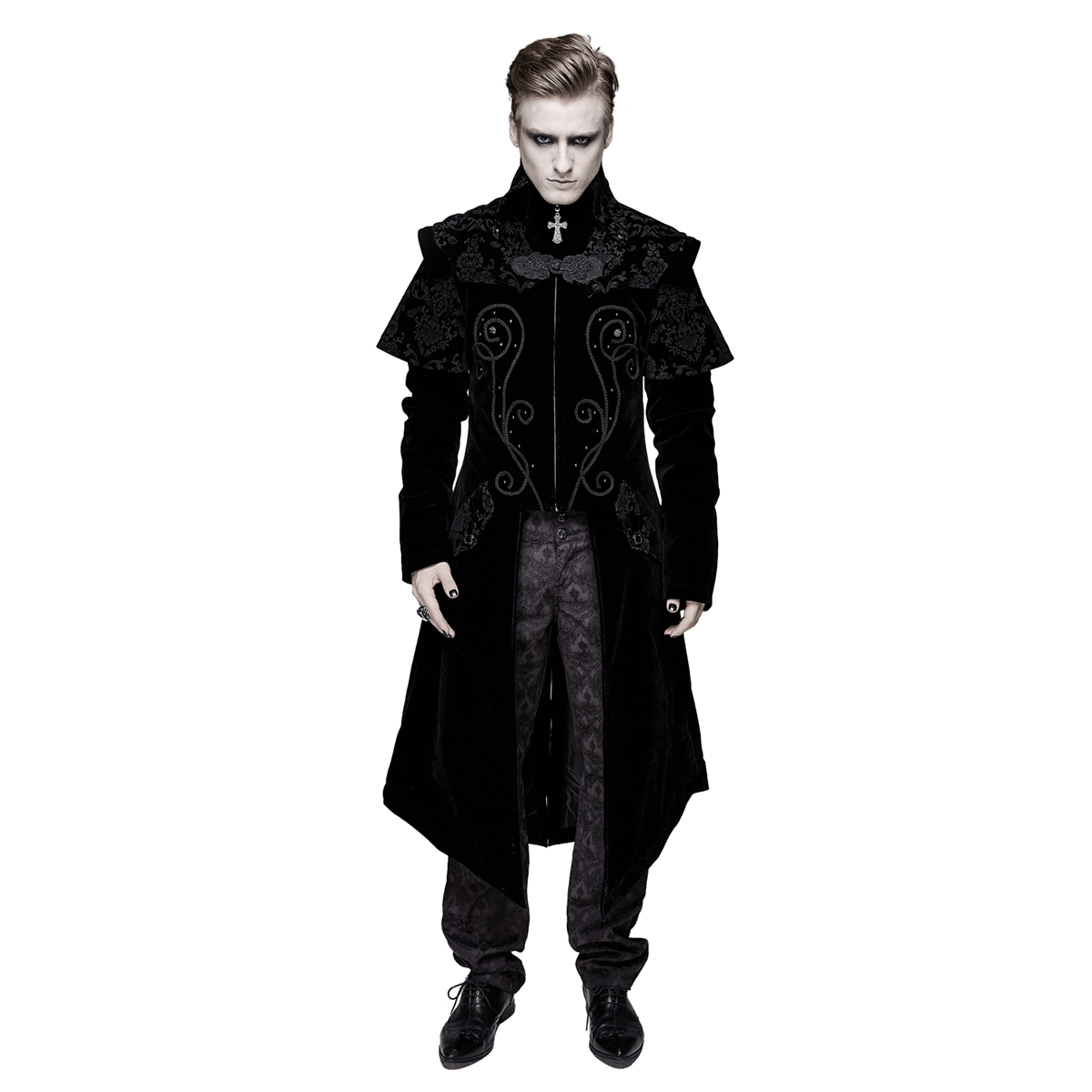 Vintage Black Long Velvet Coat For Men / Gothic Coat with Zipper Front With Cross Accents - HARD'N'HEAVY