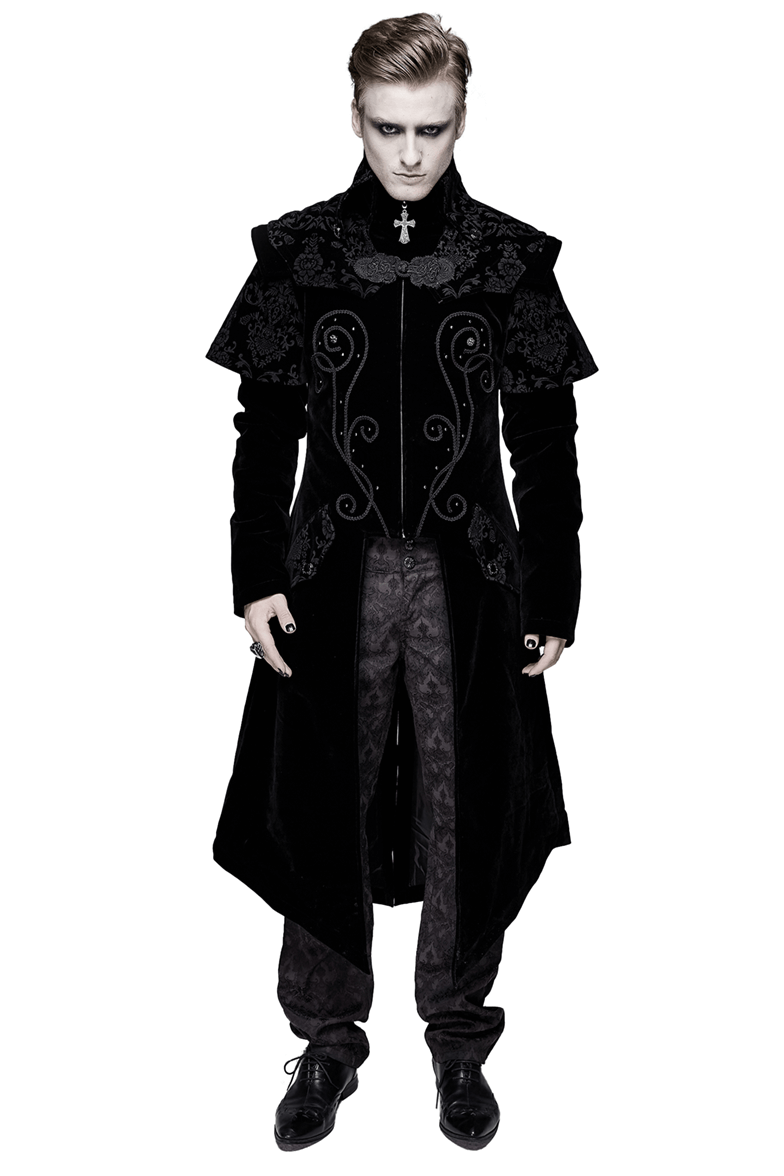 Men's vintage black velvet gothic coat with intricate patterns and zipper front, perfect for a stylish and chic look.
