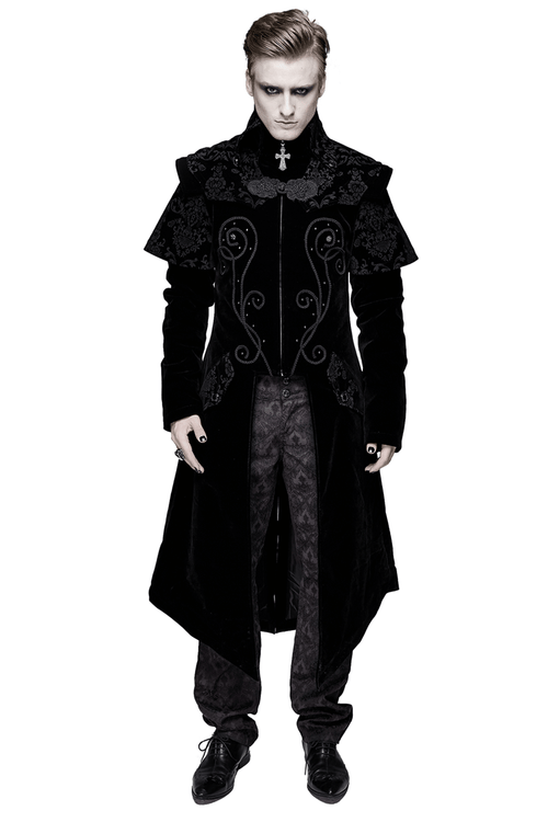 男性用ヴィンテージ黒ロングベルベットコート / ジッパー前面と十字架装飾付きゴシックコート