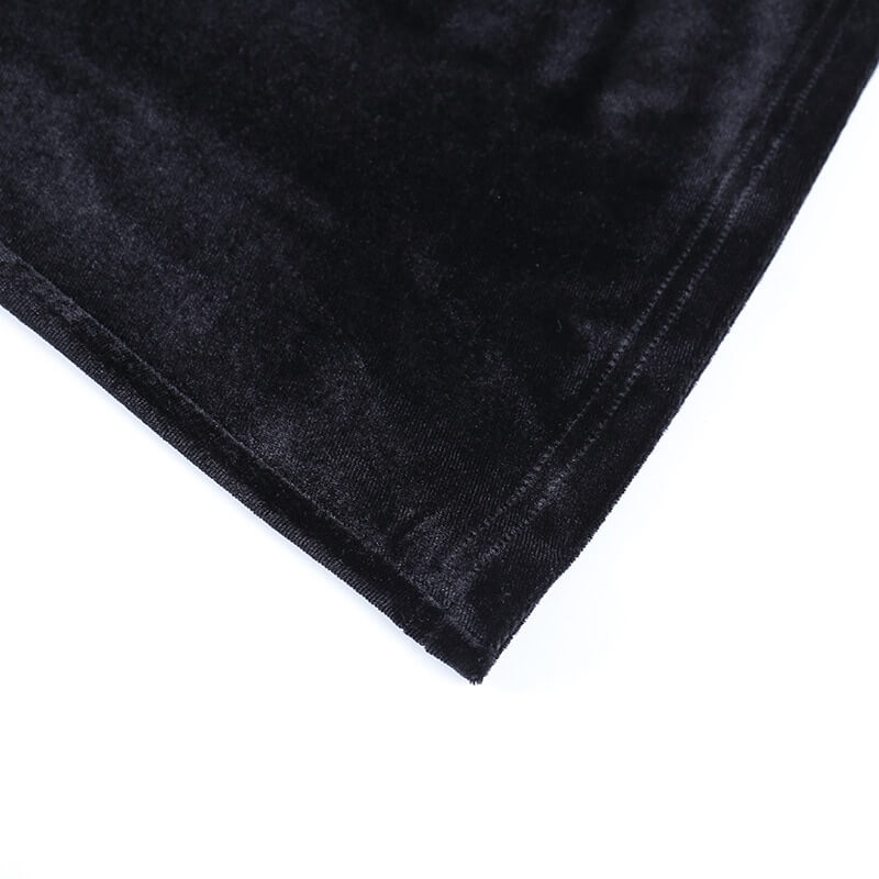 Close-up of soft black velvet fabric showcasing the luxurious texture, perfect for gothic flare pants.