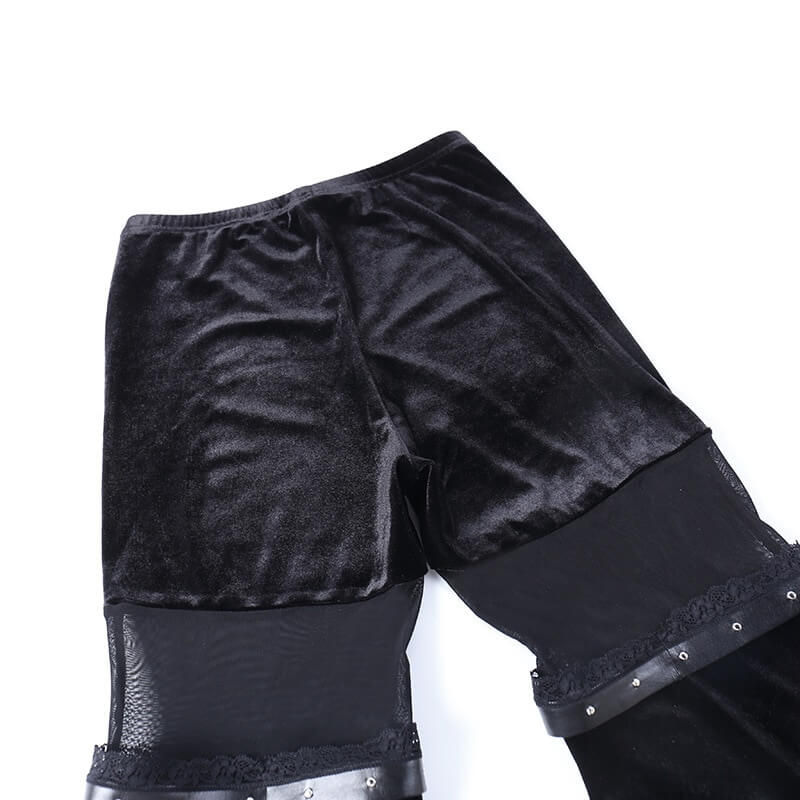 Vintage black velvet flare pants with mesh inserts, showcasing a gothic style for unique women's fashion.