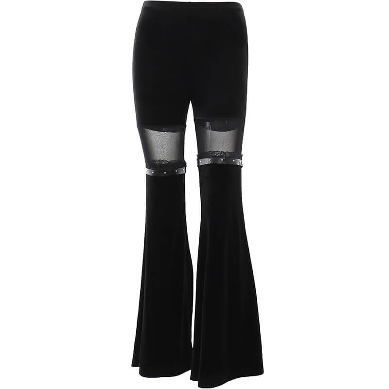 Vintage black velvet flare pants with mesh inserts, gothic women's trousers, unique vintage style.