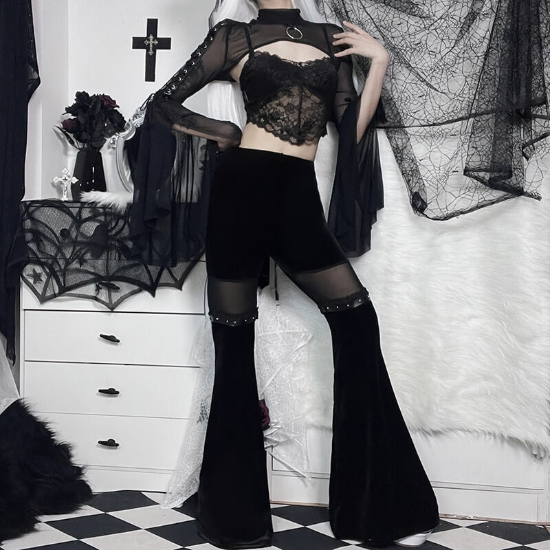 Women Gothic Black Velvet Flare Pants Sexy Hollow Out Lace Bell Bottom  Trousers 