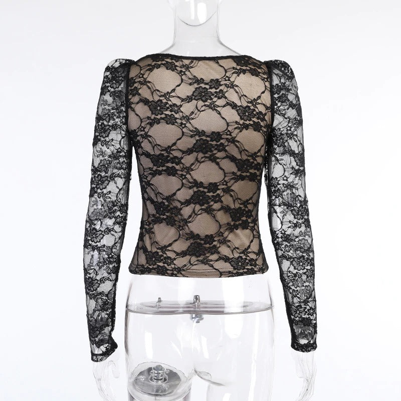 Vintage black women's gothic lace top with long sleeves and square collar, perfect for various outfits.