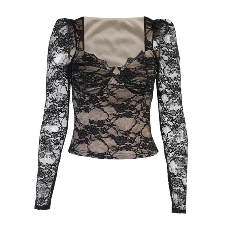 Vintage black women's lace top, gothic style, sexy long sleeve bodycon with square collar for stylish outfits.