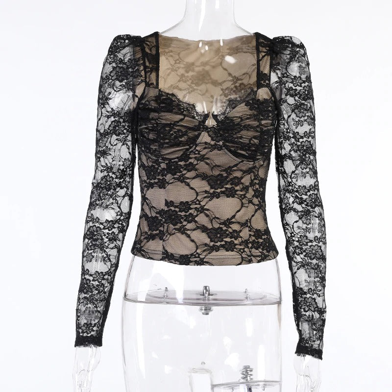 Vintage black women's gothic lace top with long sleeves and square collar, perfect for stylish outfits.