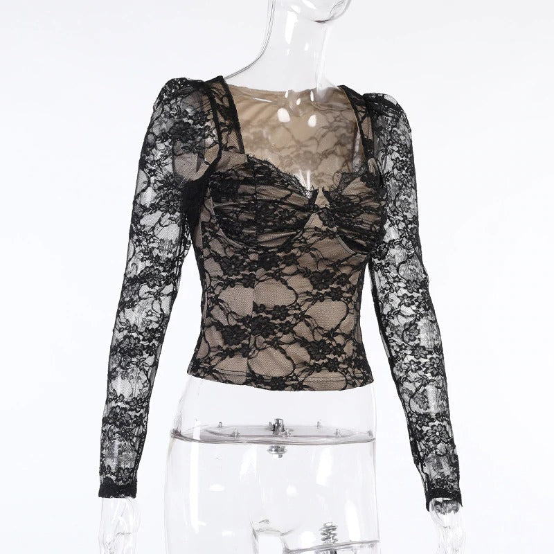 Vintage black women's lace top in gothic style with long sleeves and square collar, perfect for edgy outfits.