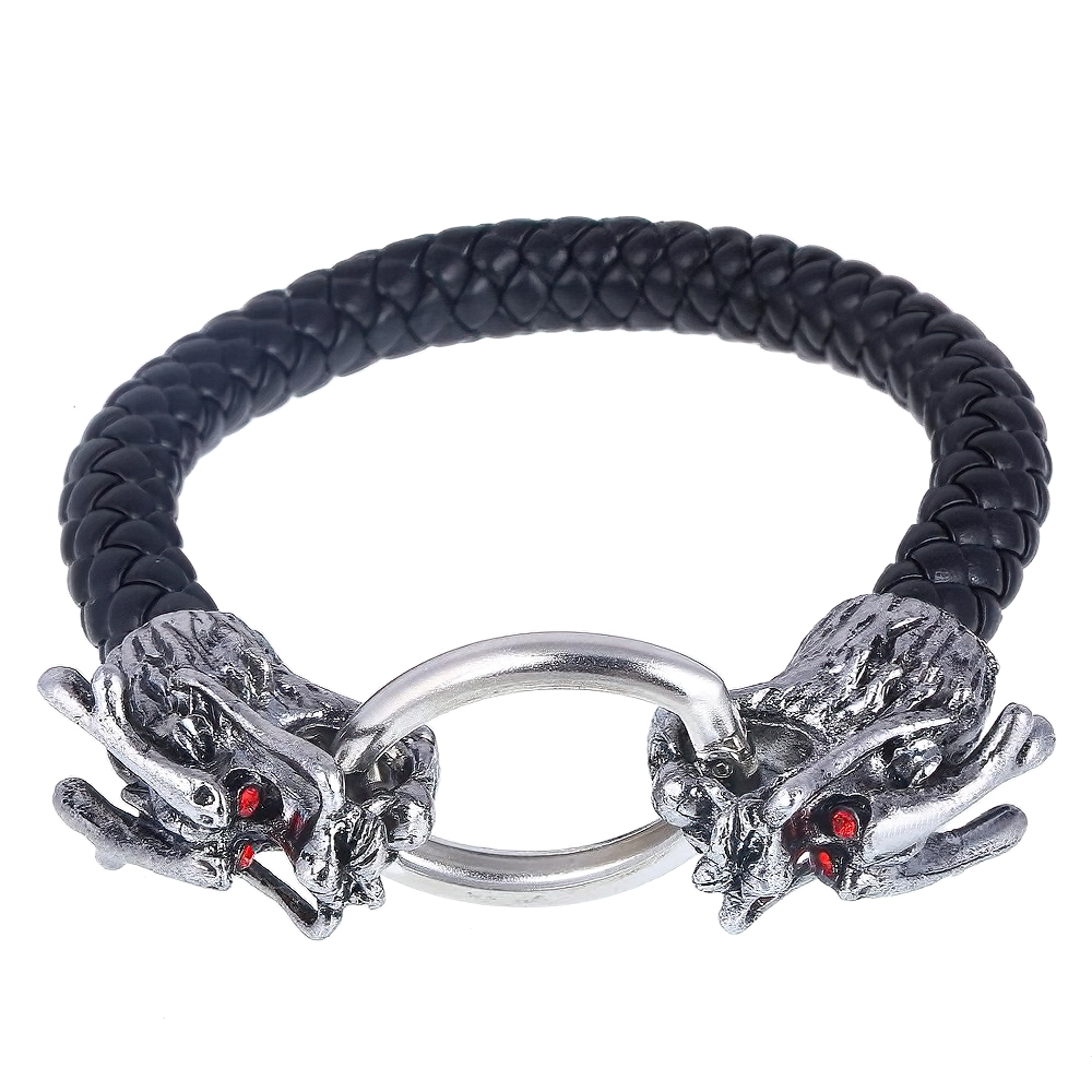 Handmade vintage unisex bracelet featuring metal dragon heads with red accents on braided black leather.