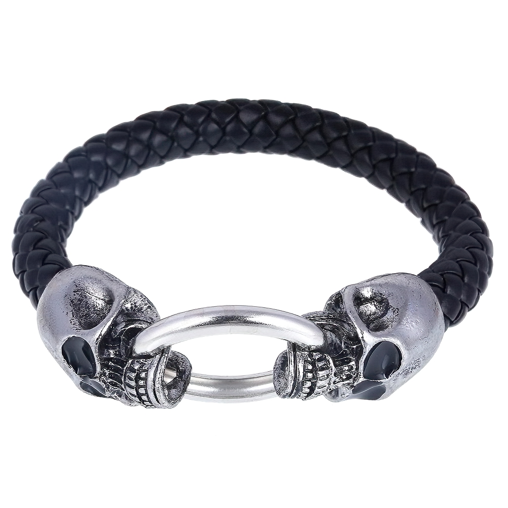 Vintage unisex bracelet with metal skulls and leather design, perfect for gothic jewelry lovers.
