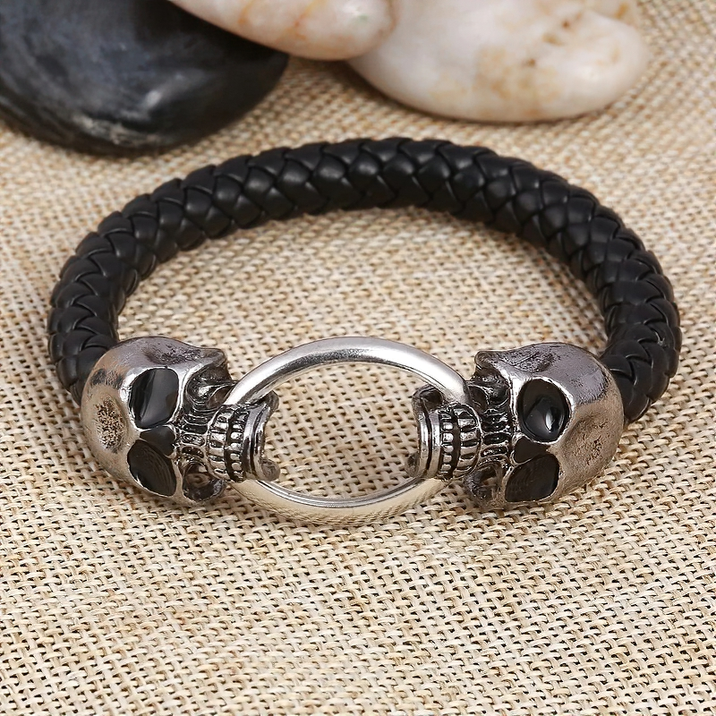 Vintage Bracelets with Metal Skull and Dragon Head / Handmade Leather Jewelry for Men Women - HARD'N'HEAVY