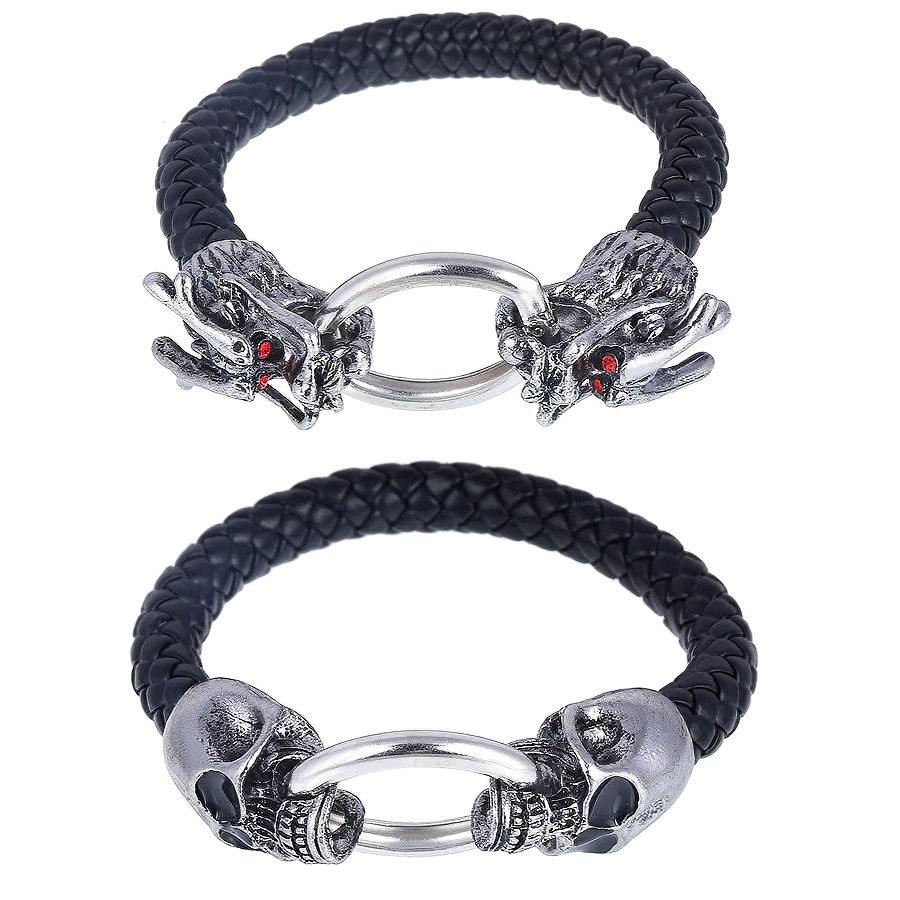 Vintage unisex leather bracelet featuring metal skull and dragon head, gothic style jewelry.