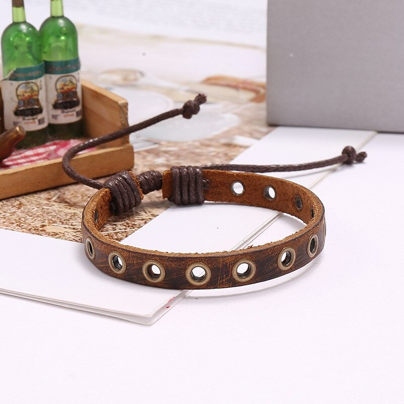 Vintage brown leather bracelet with silver circles, adjustable unisex bangle for men and women.