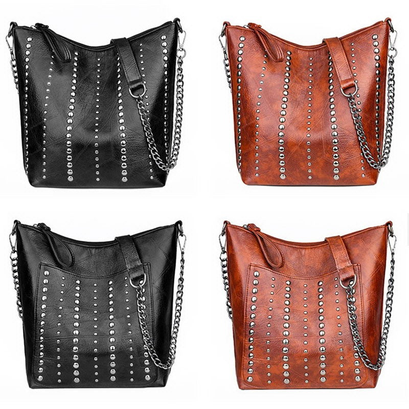 Vintage bucket shape bag for women in black and brown, adorned with rivets and chain strap, perfect for grunge outfits.