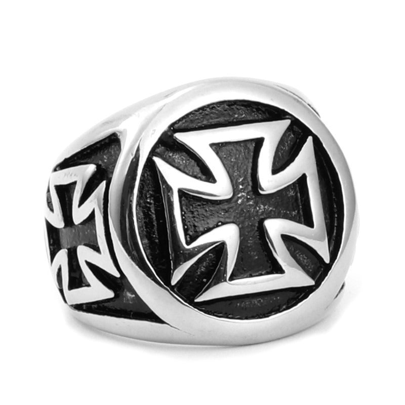 Vintage Celtic Cross Ring in 316L stainless steel with black titanium finish, perfect for biker fashion lovers.