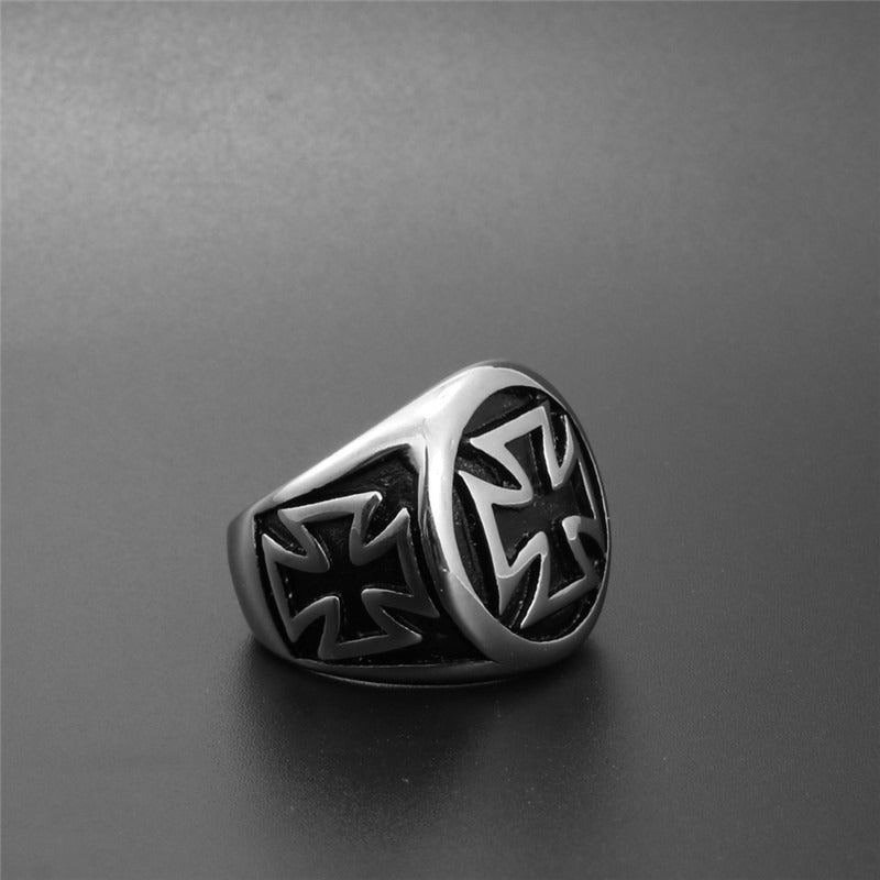 Vintage Celtic Cross Ring in black titanium, a bold biker accessory crafted from durable stainless steel.