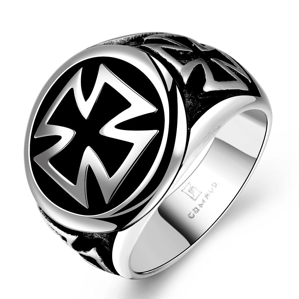 Vintage Celtic Cross Ring in stainless steel with black titanium accents, perfect for biker style enthusiasts.