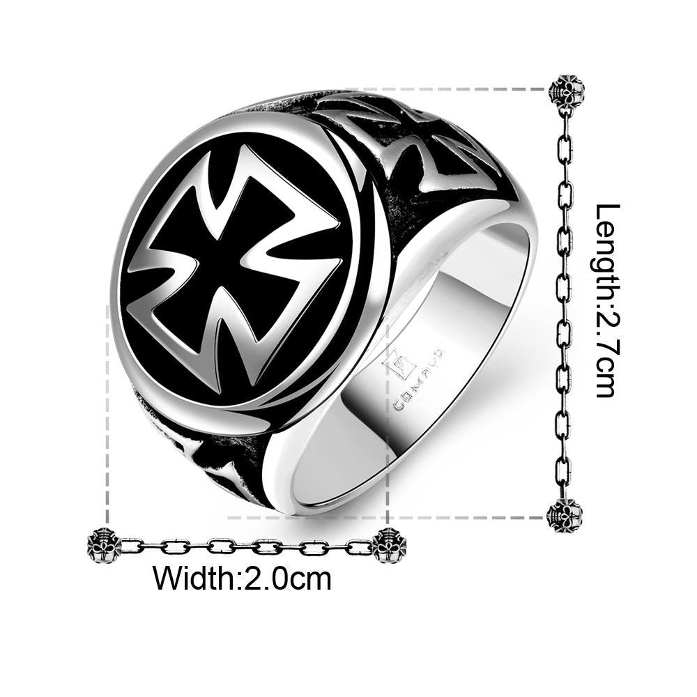 Vintage Celtic Cross Ring with black titanium finish, measuring 2.7cm length and 2.0cm width, perfect for biker style enthusiasts.