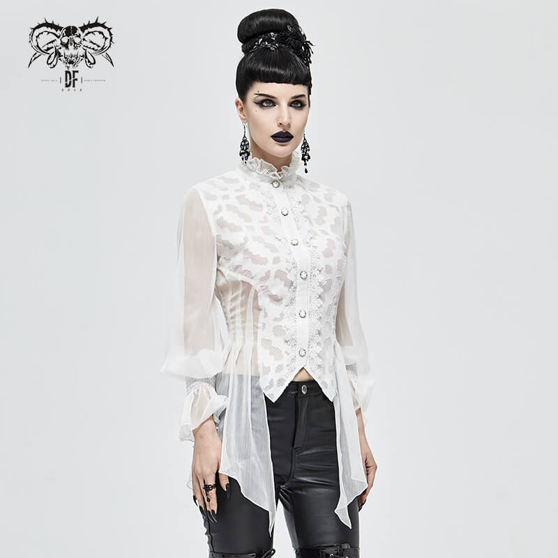 Vintage Chiffon Lace Petal Sleeve Shirt For Women / Gothic White Ladies High Collar Blouse - HARD'N'HEAVY