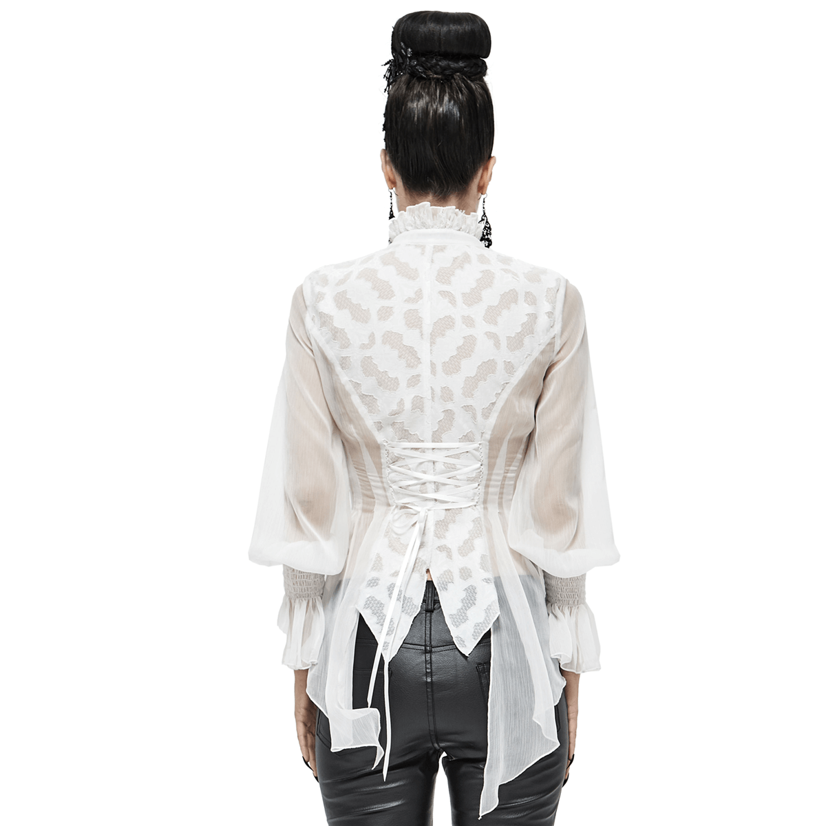 Vintage Chiffon Lace Petal Sleeve Shirt For Women / Gothic White Ladies High Collar Blouse - HARD'N'HEAVY