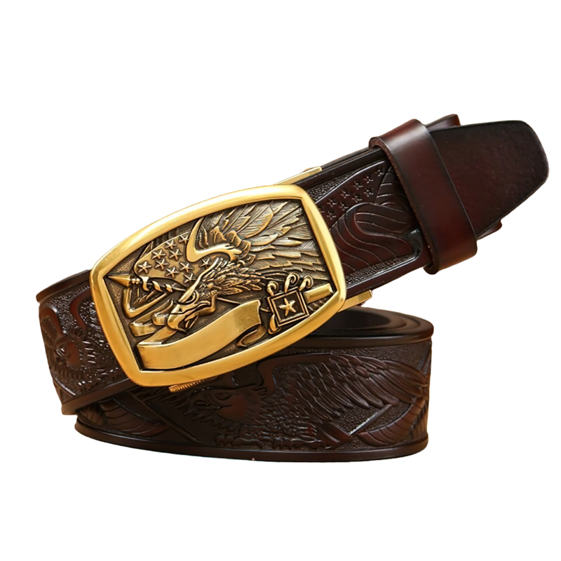 Vintage cowboy leather belt with eagle buckle, perfect for men’s rock style fashion.