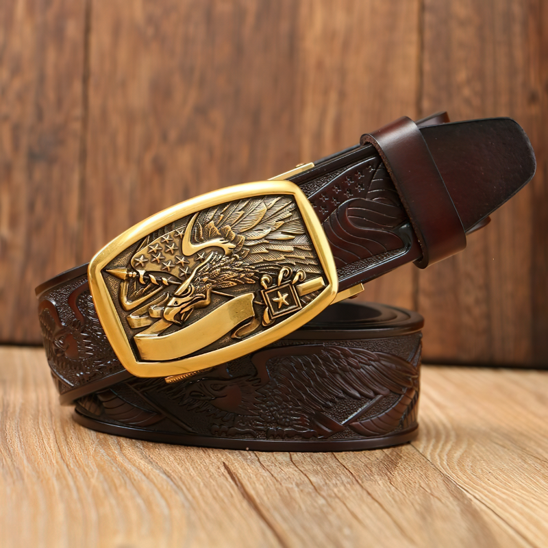 Vintage cowboy leather belt with eagle buckle, stylish men's accessory for rock fashion.