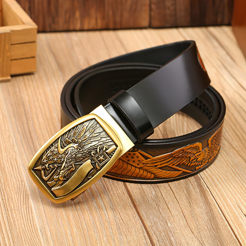 Vintage cowboy leather belt with eagle print automatic buckle, perfect for men's rock style outfits.