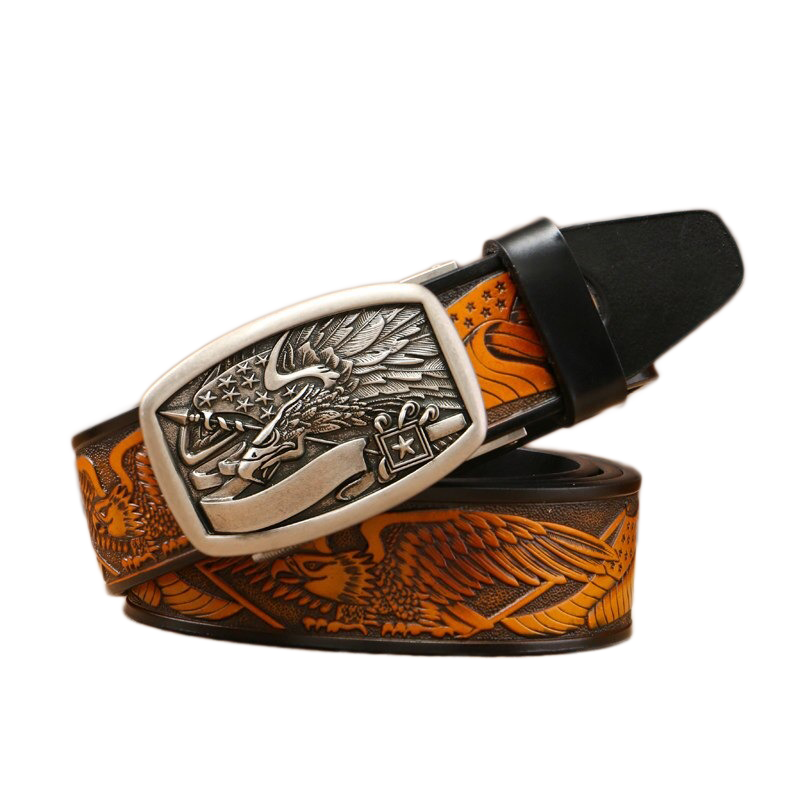 Vintage cowboy leather belt with eagle buckle, showcasing retro style and intricate designs for men.