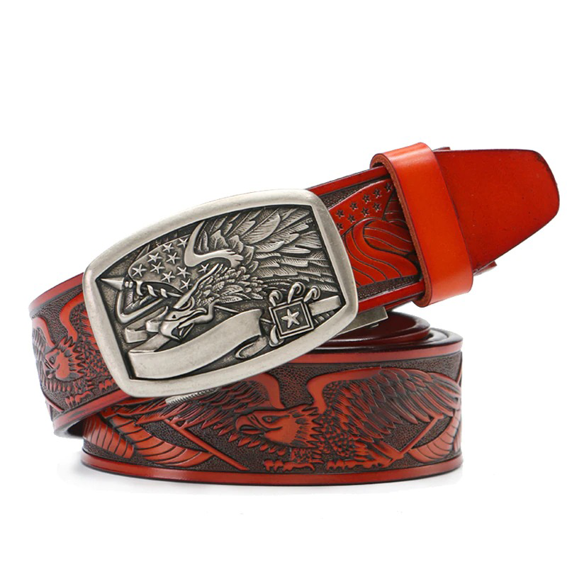 Vintage cowboy leather belt with eagle buckle, perfect for a rock style look. Retro design for men's fashion.