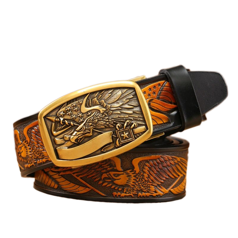 Vintage men's leather cowboy belt with eagle print automatic buckle in retro style.